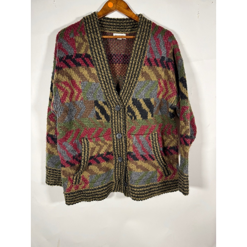 Allison New York Womens Medium Abstract Geometric Knit Button Cardigan Sweater